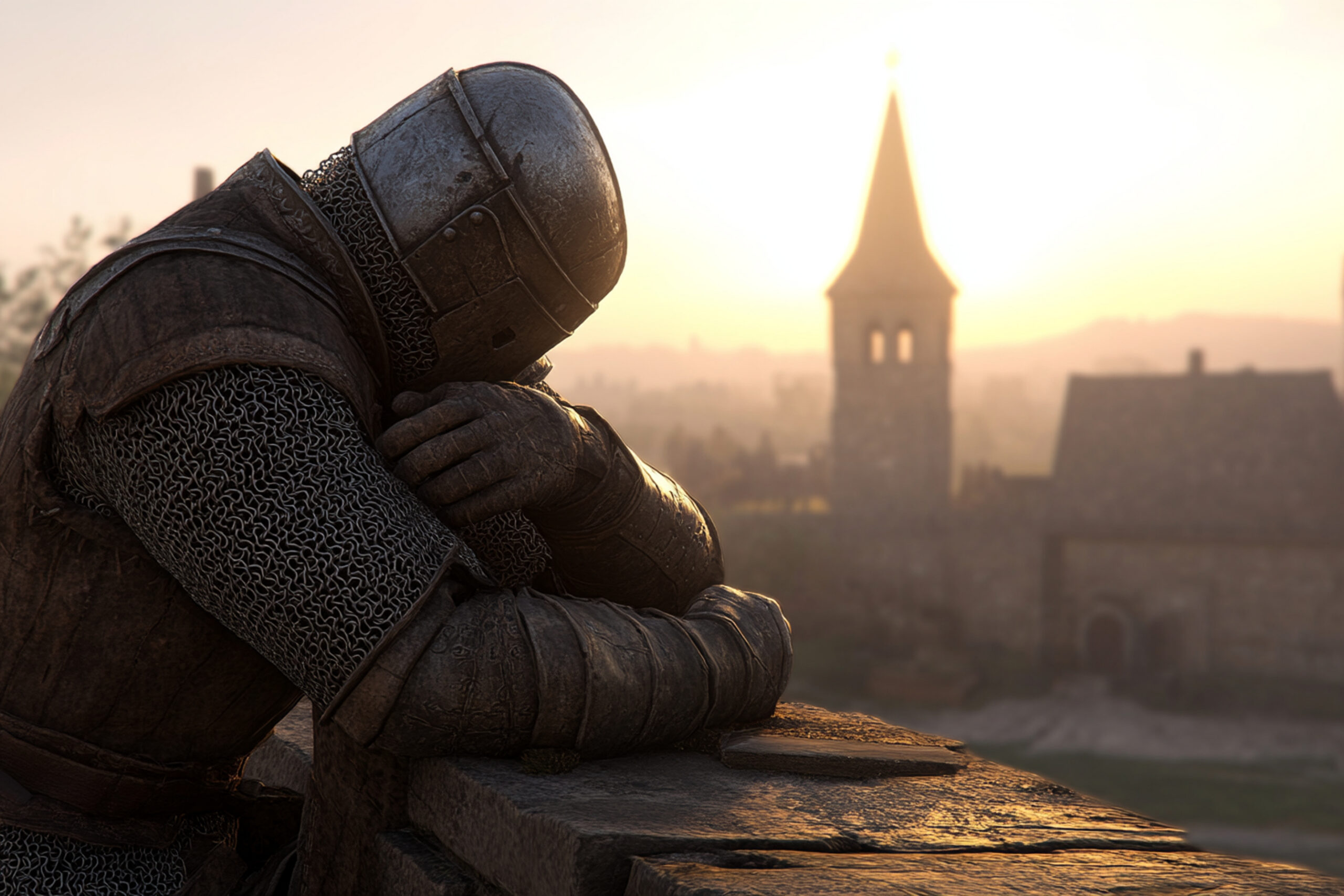 Soldier in prayer, symbolizing rest, surrender, and trust in God